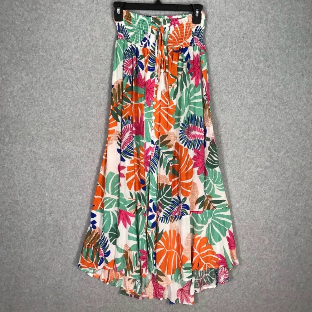 Nicole Miller Tropical Maxi Skirt Slit Button Front Boho Large Flowy Rayon Skirt - Picture 2 of 12